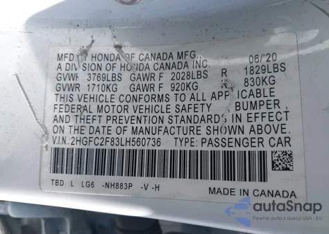 2020 Honda Civic Sport из США, поврежденный, VIN 2HGFC2F83LH560736